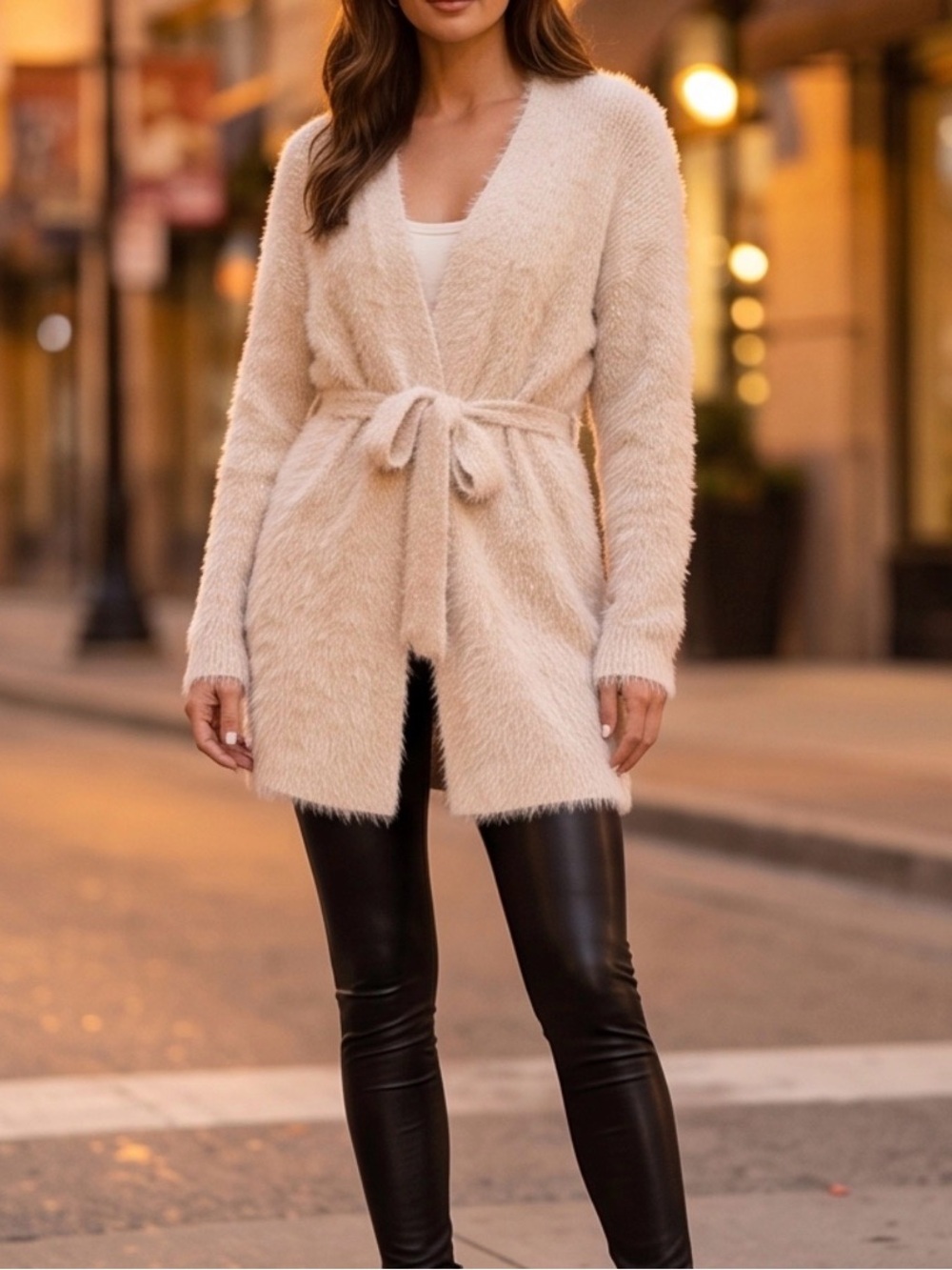 Express Cream Tie-Waist Fuzzy Open Cardigan Size L